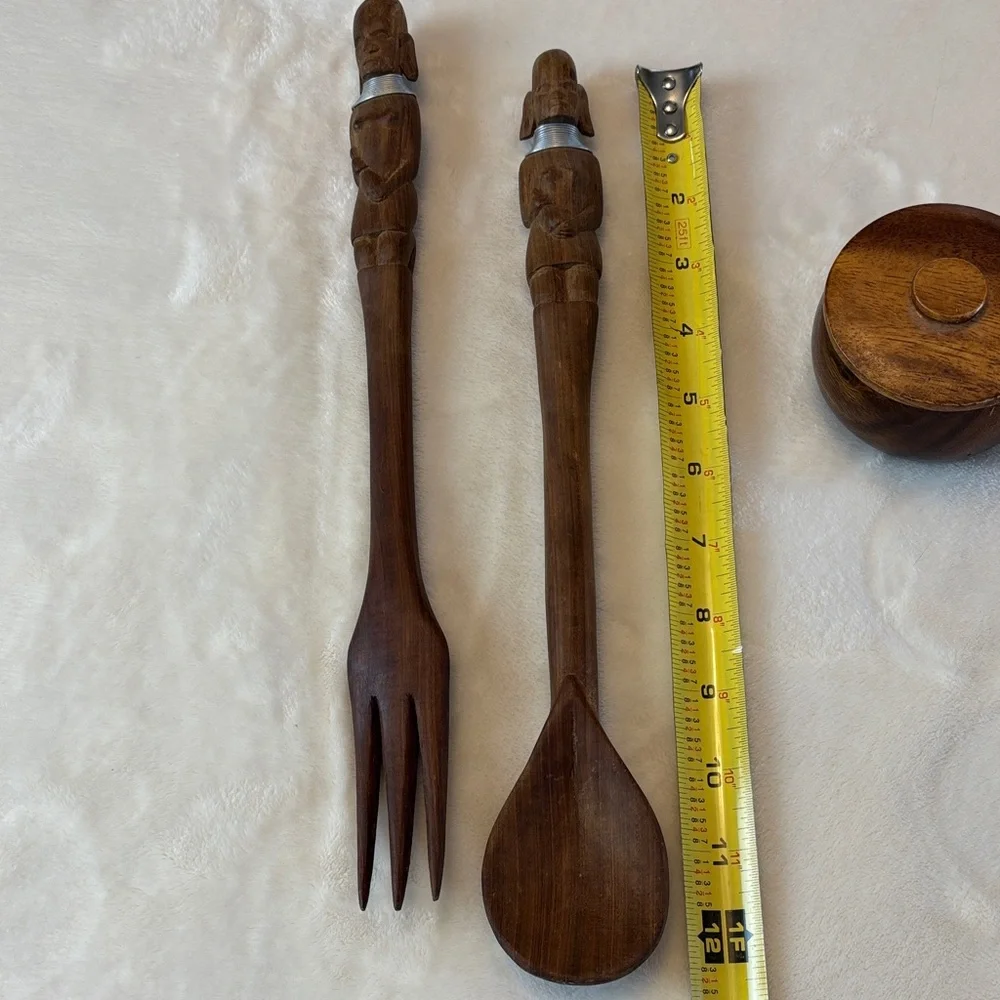 Mid-Century Wooden Dining Set with Carved Handles African Motif Condiment Bowls